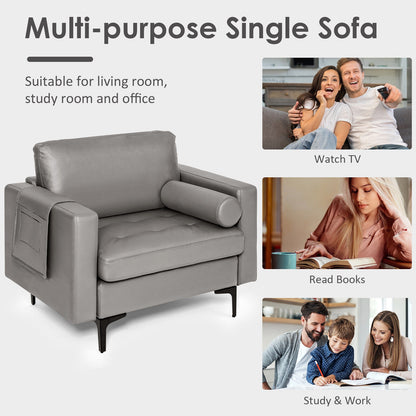 Contemporary Upholstered Accent Chair with Removable Bolster Pillow and Side Storage Pocket in Light Grey