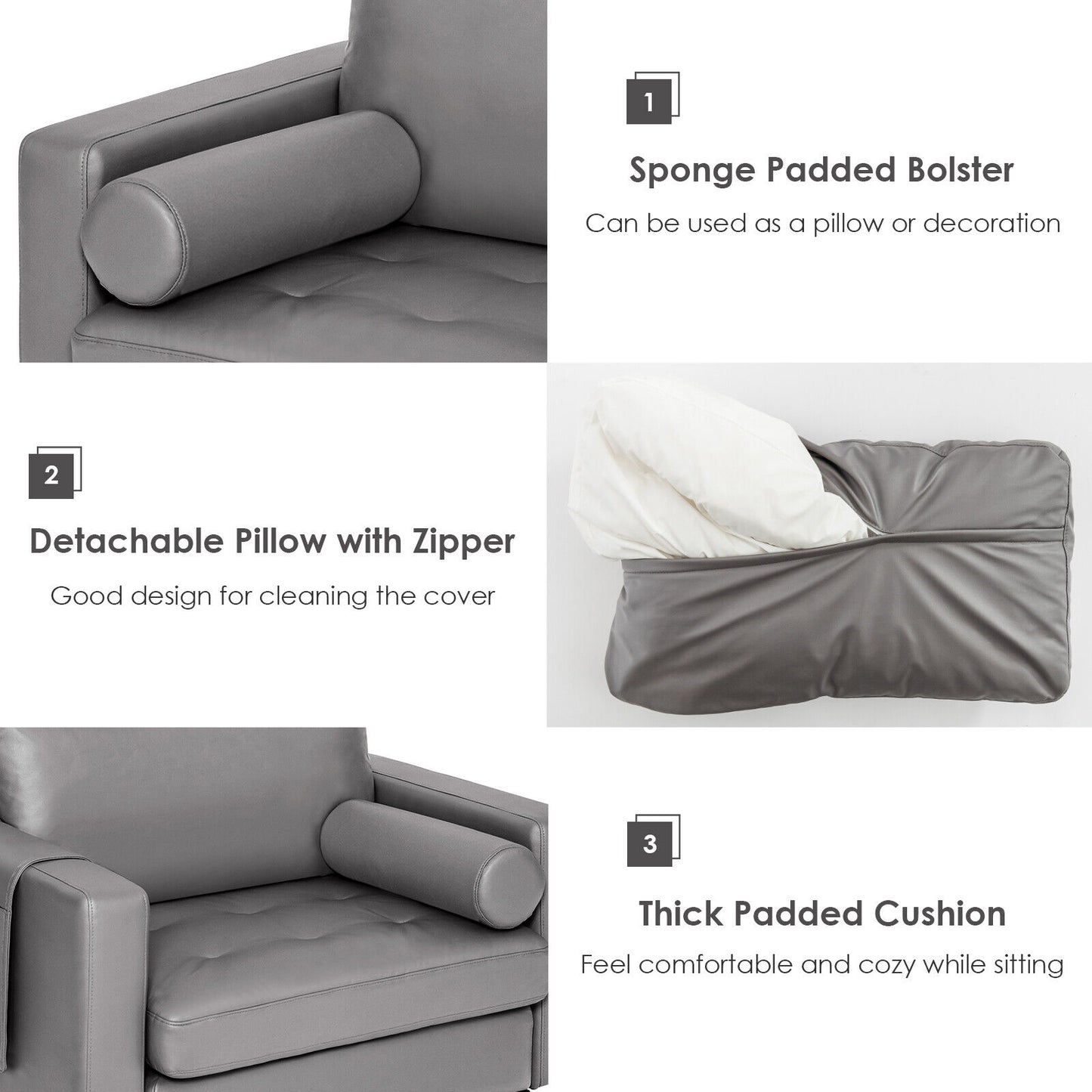Contemporary Upholstered Accent Chair with Removable Bolster Pillow and Side Storage Pocket in Light Grey