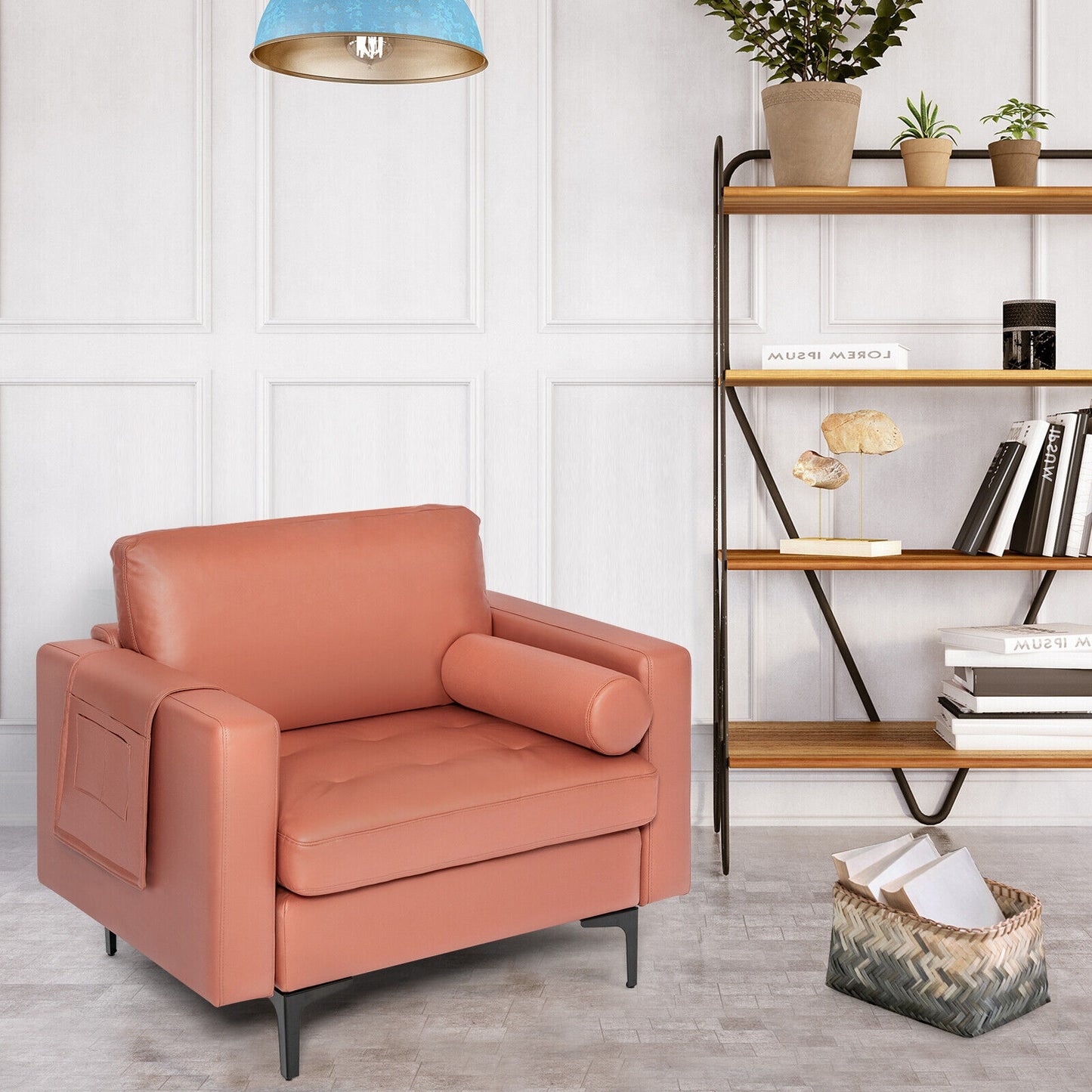 Contemporary Upholstered Accent Chair with Removable Bolster Pillow and Side Storage Pocket in Pink