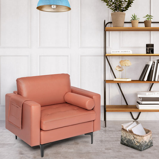 Contemporary Upholstered Accent Chair with Removable Bolster Pillow and Side Storage Pocket in Pink