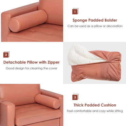 Contemporary Upholstered Accent Chair with Removable Bolster Pillow and Side Storage Pocket in Pink