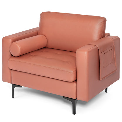 Contemporary Upholstered Accent Chair with Removable Bolster Pillow and Side Storage Pocket in Pink