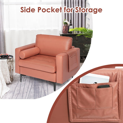 Contemporary Upholstered Accent Chair with Removable Bolster Pillow and Side Storage Pocket in Pink