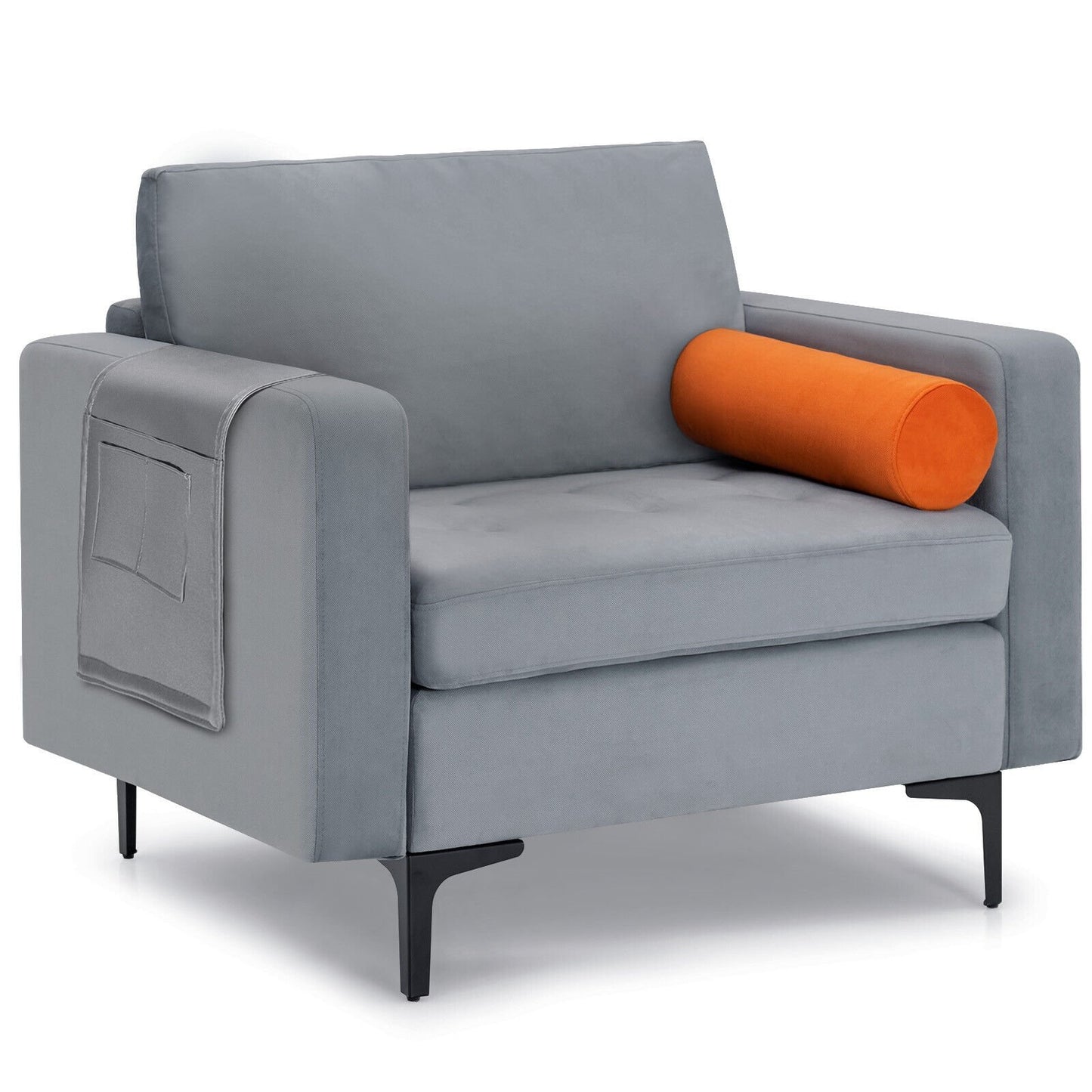Contemporary Upholstered Accent Chair with Removable Bolster Pillow and Side Storage Pocket in Grey