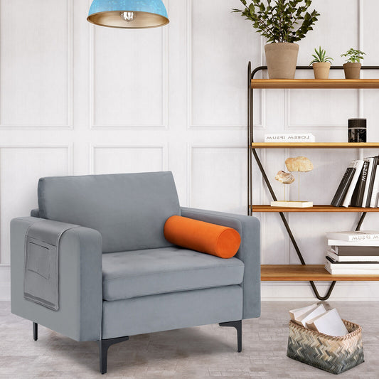 Contemporary Upholstered Accent Chair with Removable Bolster Pillow and Side Storage Pocket in Grey