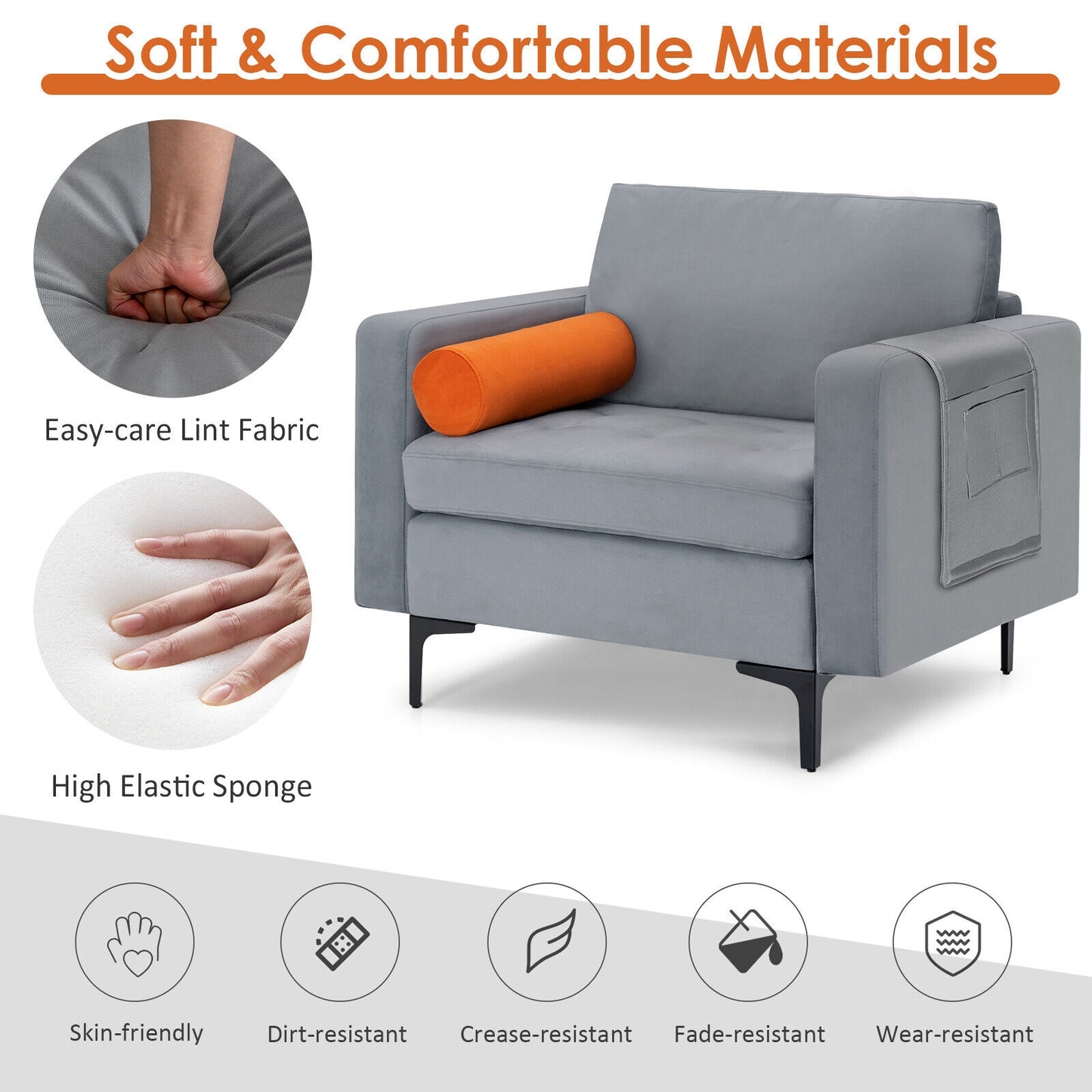 Contemporary Upholstered Accent Chair with Removable Bolster Pillow and Side Storage Pocket in Grey
