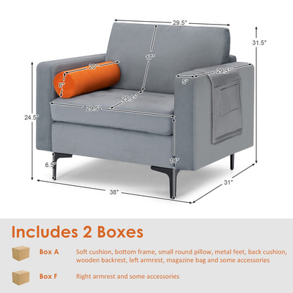 Contemporary Upholstered Accent Chair with Removable Bolster Pillow and Side Storage Pocket in Grey