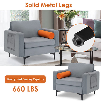 Contemporary Upholstered Accent Chair with Removable Bolster Pillow and Side Storage Pocket in Grey