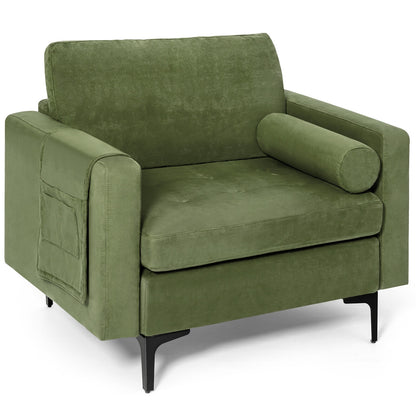 Contemporary Upholstered Accent Chair with Removable Bolster Pillow and Side Storage Pocket in Army Green