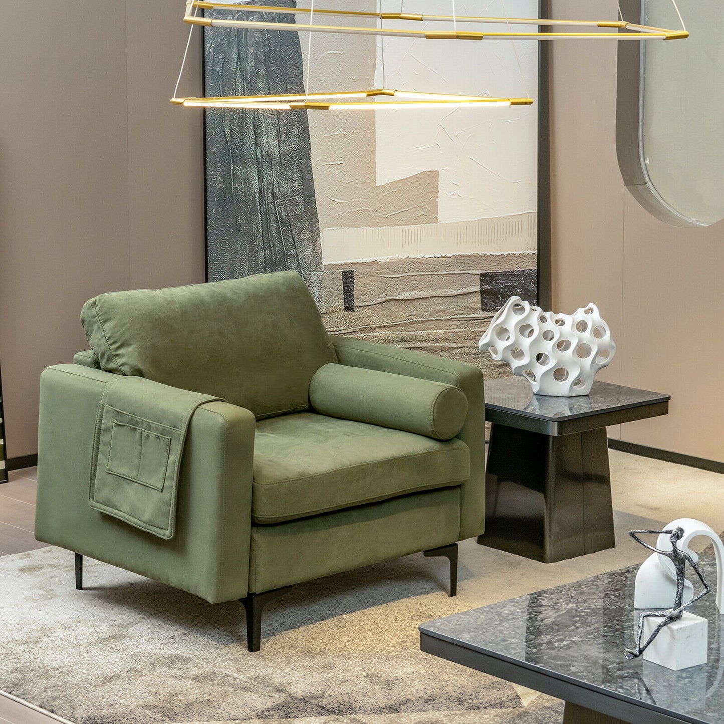 Contemporary Upholstered Accent Chair with Removable Bolster Pillow and Side Storage Pocket in Army Green