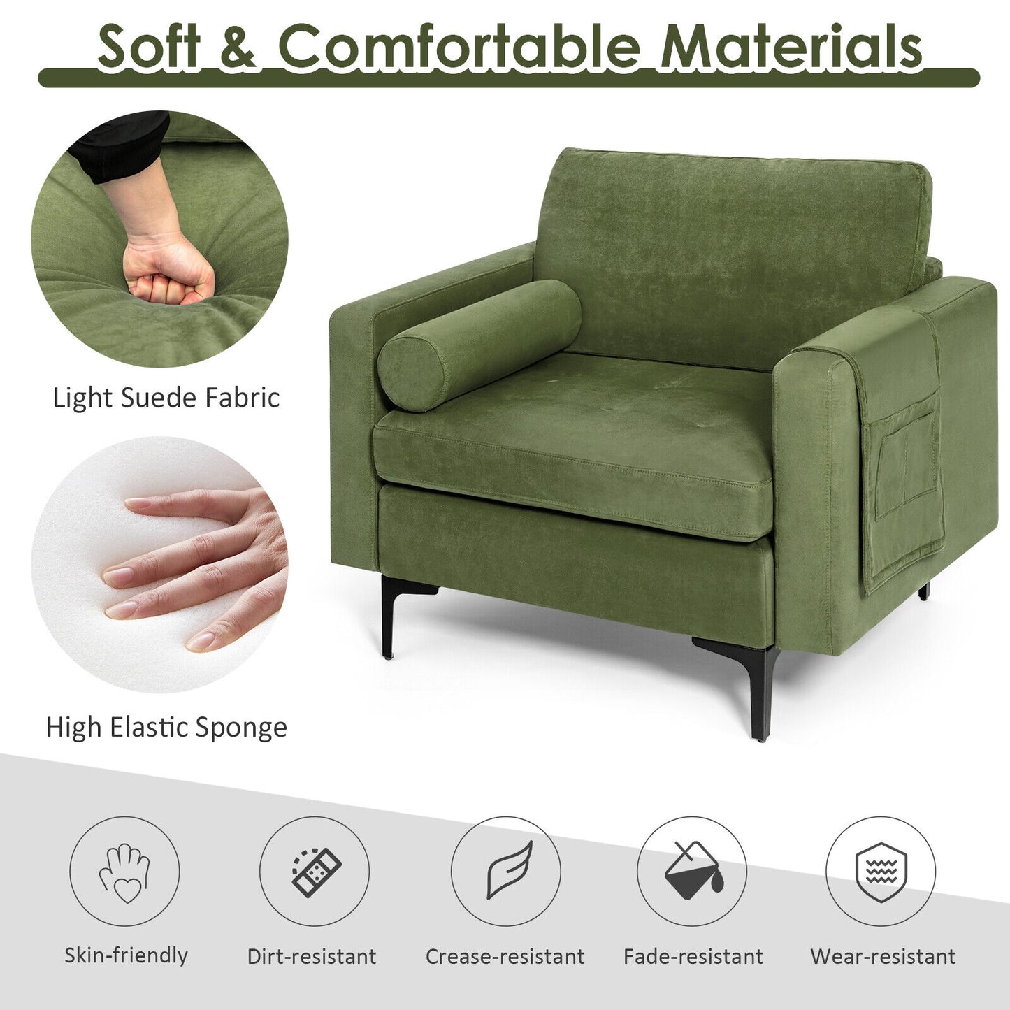 Contemporary Upholstered Accent Chair with Removable Bolster Pillow and Side Storage Pocket in Army Green