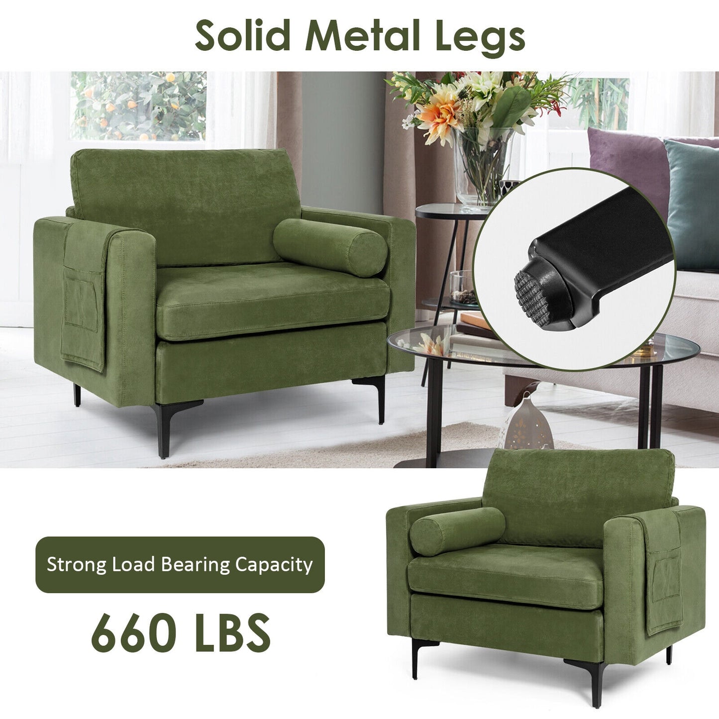 Contemporary Upholstered Accent Chair with Removable Bolster Pillow and Side Storage Pocket in Army Green