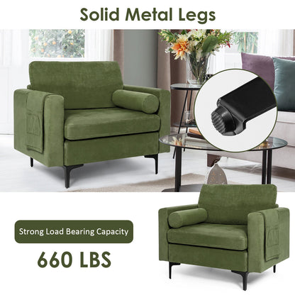 Contemporary Upholstered Accent Chair with Removable Bolster Pillow and Side Storage Pocket in Army Green