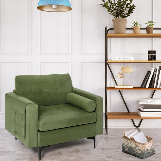 Contemporary Upholstered Accent Chair with Removable Bolster Pillow and Side Storage Pocket in Army Green