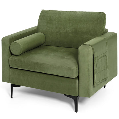 Contemporary Upholstered Accent Chair with Removable Bolster Pillow and Side Storage Pocket in Army Green