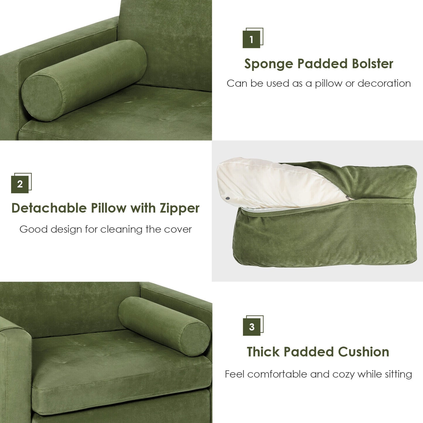 Contemporary Upholstered Accent Chair with Removable Bolster Pillow and Side Storage Pocket in Army Green