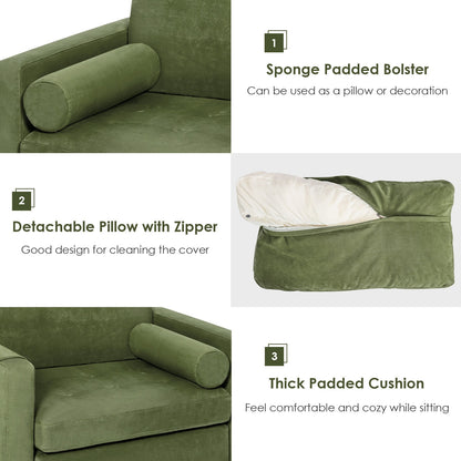 Contemporary Upholstered Accent Chair with Removable Bolster Pillow and Side Storage Pocket in Army Green