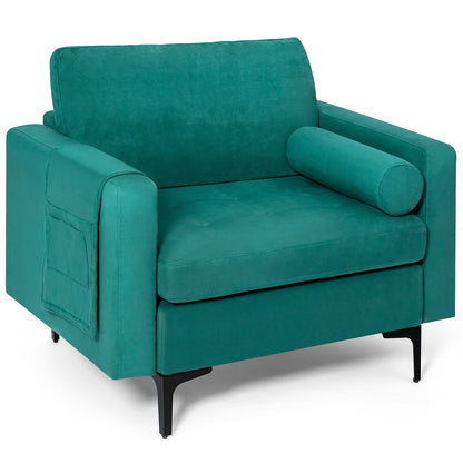 Contemporary Upholstered Accent Chair with Removable Bolster Pillow and Side Storage Pocket in Turquoise
