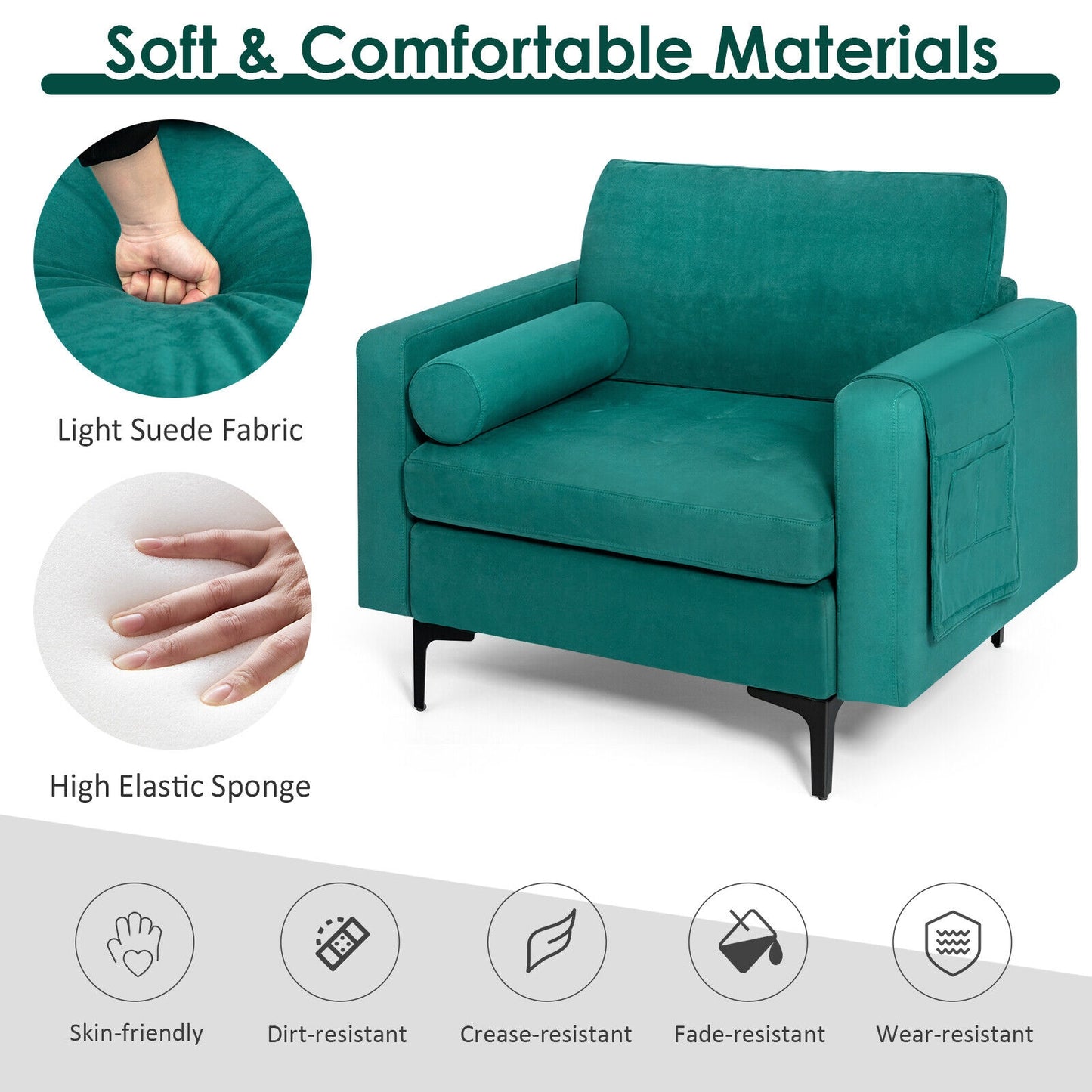 Contemporary Upholstered Accent Chair with Removable Bolster Pillow and Side Storage Pocket in Turquoise