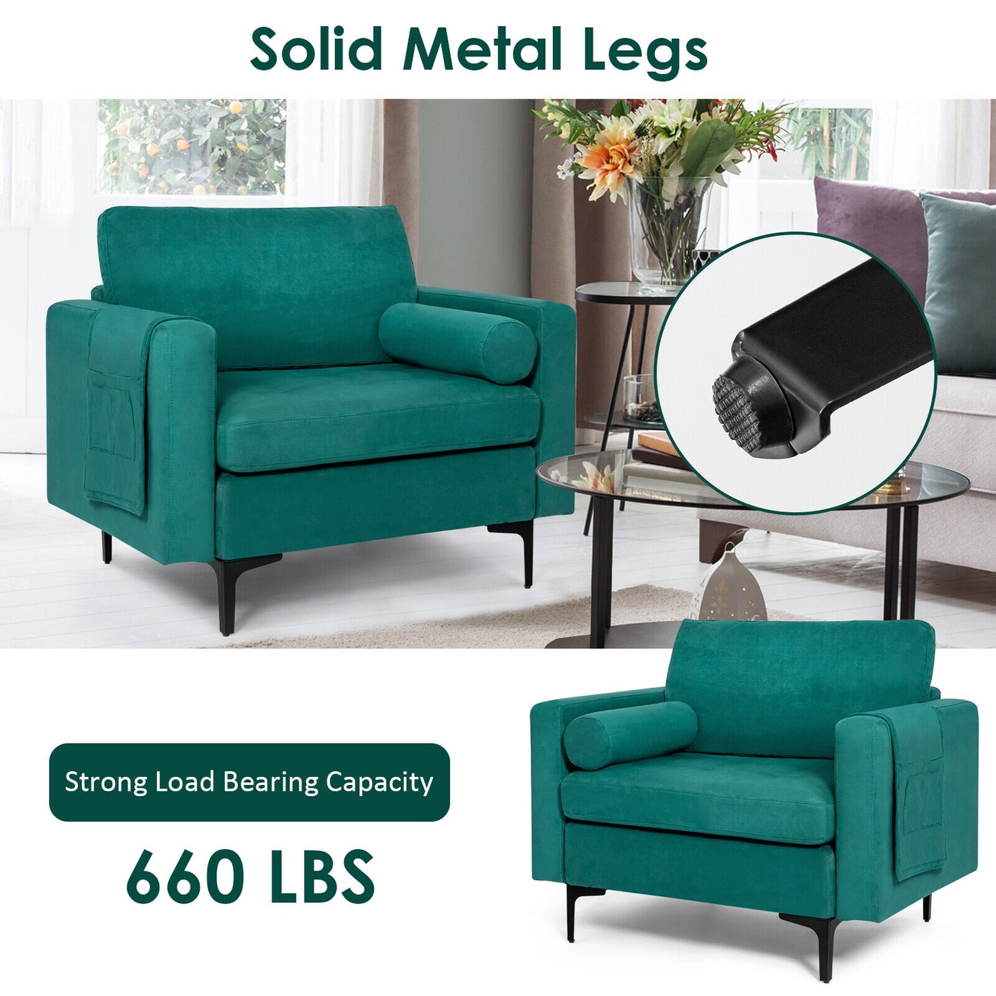 Contemporary Upholstered Accent Chair with Removable Bolster Pillow and Side Storage Pocket in Turquoise
