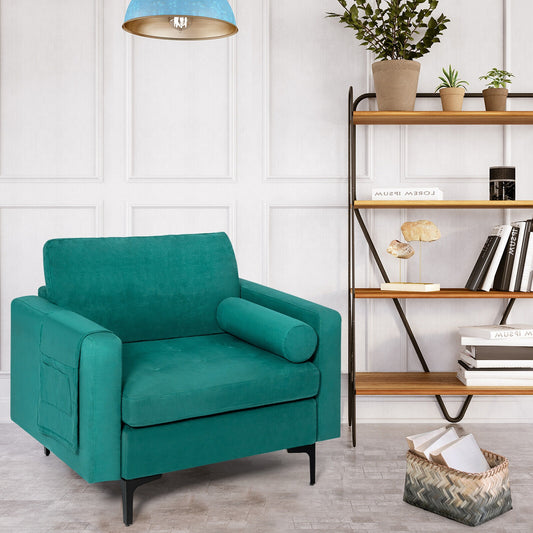 Contemporary Upholstered Accent Chair with Removable Bolster Pillow and Side Storage Pocket in Turquoise