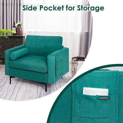 Contemporary Upholstered Accent Chair with Removable Bolster Pillow and Side Storage Pocket in Turquoise