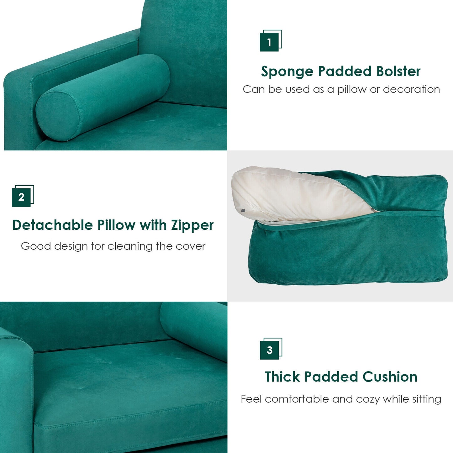 Contemporary Upholstered Accent Chair with Removable Bolster Pillow and Side Storage Pocket in Turquoise