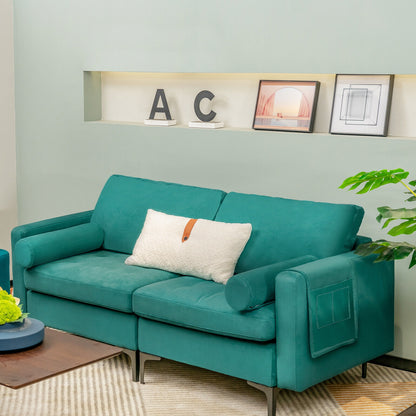 Modern 2-Seat Loveseat Sofa with Bolsters and Side Storage Pocket in Teal