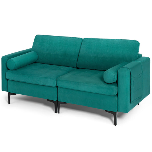 Modern 2-Seat Loveseat Sofa with Bolsters and Side Storage Pocket in Teal