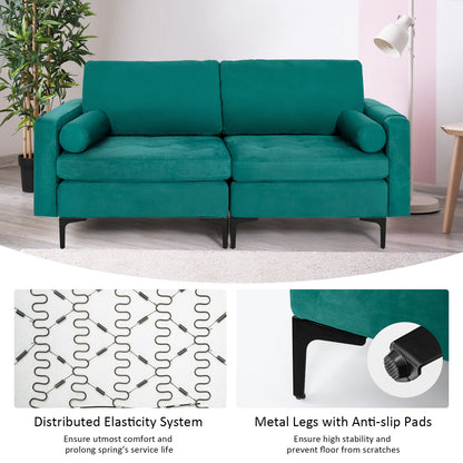 Modern 2-Seat Loveseat Sofa with Bolsters and Side Storage Pocket in Teal