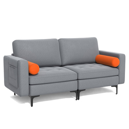 Modern 2-Seat Loveseat Sofa with Bolsters and Side Storage Pocket in Grey