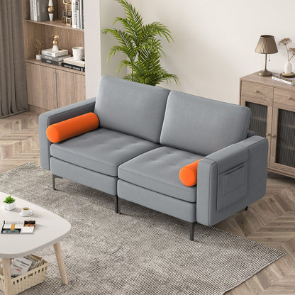 Modern 2-Seat Loveseat Sofa with Bolsters and Side Storage Pocket in Grey