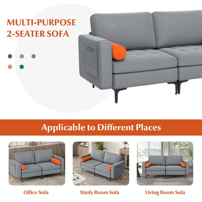 Modern 2-Seat Loveseat Sofa with Bolsters and Side Storage Pocket in Grey