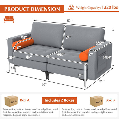 Modern 2-Seat Loveseat Sofa with Bolsters and Side Storage Pocket in Grey