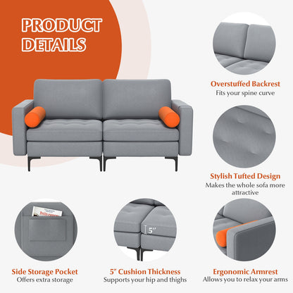 Modern 2-Seat Loveseat Sofa with Bolsters and Side Storage Pocket in Grey