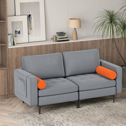 Modern 2-Seat Loveseat Sofa with Bolsters and Side Storage Pocket in Grey