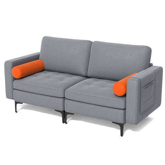 Modern 2-Seat Loveseat Sofa with Bolsters and Side Storage Pocket in Grey