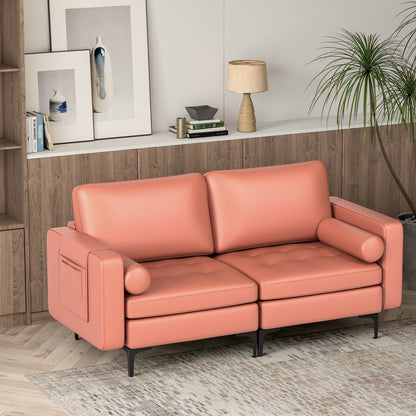 Modern 2-Seat Loveseat Sofa with Bolsters and Side Storage Pocket in Pink