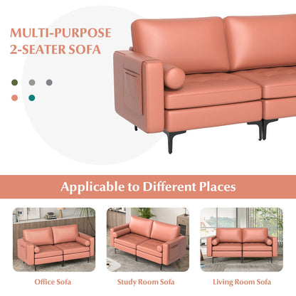 Modern 2-Seat Loveseat Sofa with Bolsters and Side Storage Pocket in Pink