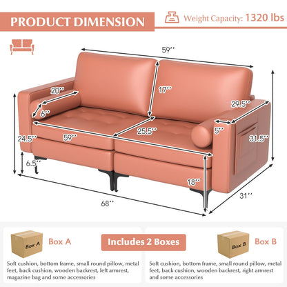 Modern 2-Seat Loveseat Sofa with Bolsters and Side Storage Pocket in Pink