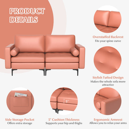 Modern 2-Seat Loveseat Sofa with Bolsters and Side Storage Pocket in Pink