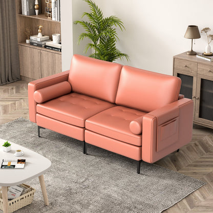 Modern 2-Seat Loveseat Sofa with Bolsters and Side Storage Pocket in Pink