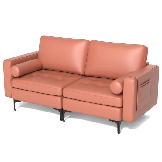 Modern 2-Seat Loveseat Sofa with Bolsters and Side Storage Pocket in Pink