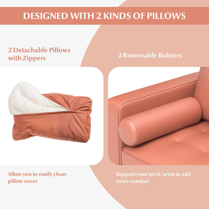 Modern 2-Seat Loveseat Sofa with Bolsters and Side Storage Pocket in Pink