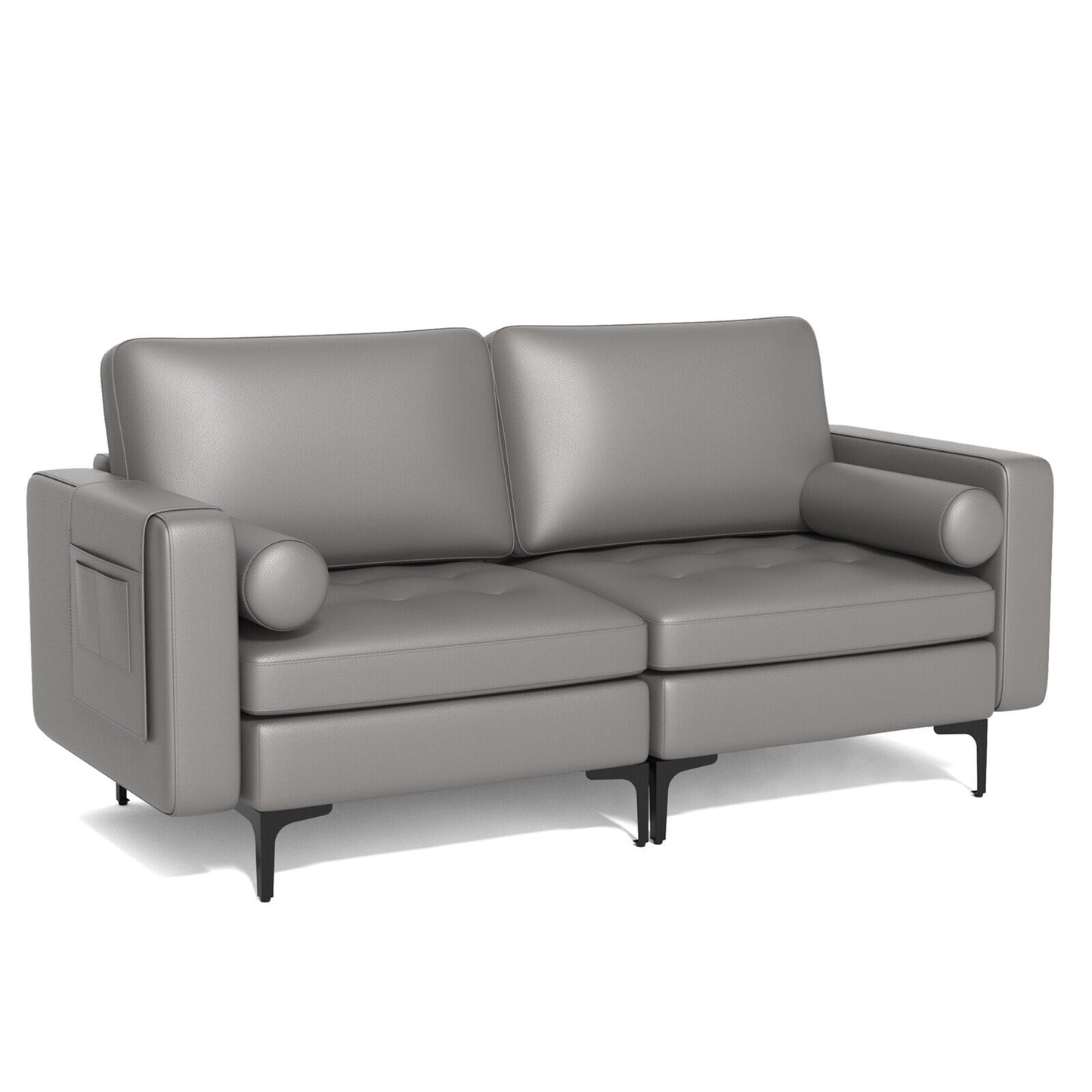 Modern 2-Seat Loveseat Sofa with Bolsters and Side Storage Pocket in Light Grey