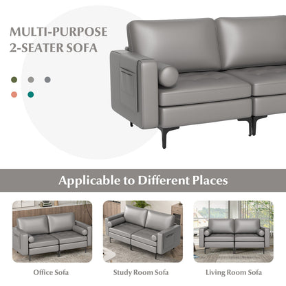 Modern 2-Seat Loveseat Sofa with Bolsters and Side Storage Pocket in Light Grey