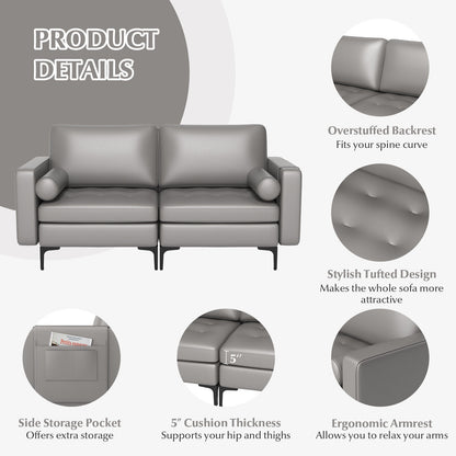 Modern 2-Seat Loveseat Sofa with Bolsters and Side Storage Pocket in Light Grey