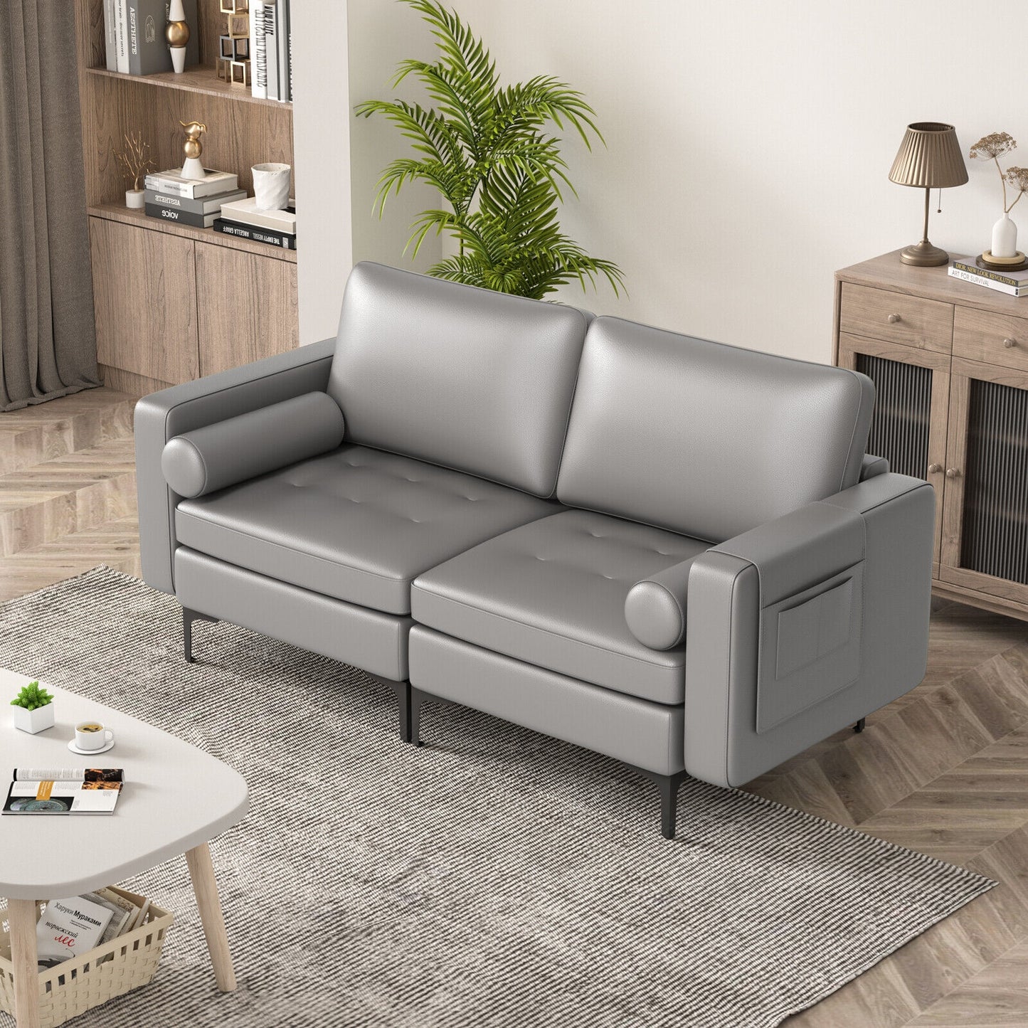 Modern 2-Seat Loveseat Sofa with Bolsters and Side Storage Pocket in Light Grey