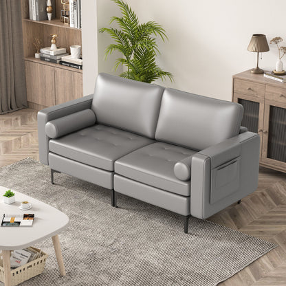 Modern 2-Seat Loveseat Sofa with Bolsters and Side Storage Pocket in Light Grey