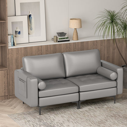 Modern 2-Seat Loveseat Sofa with Bolsters and Side Storage Pocket in Light Grey